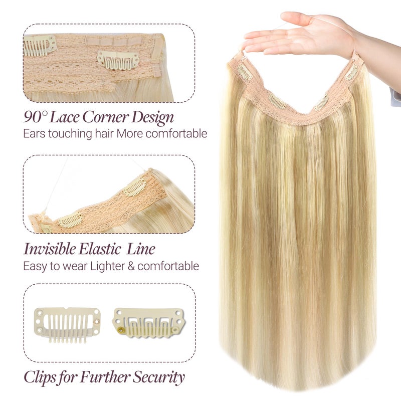 Goo-Goo GOO GOO Wire Hair Extensions Human Hair, 16/22 Light Blondewith mix Golden Blonde Highlighted 12inch 70g, Invisible Wire Hair Extensions with Transparent, Seamless Fish Line Hairpiece - Image 3
